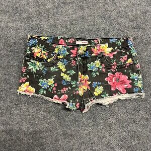 Bongo Shorts Womens Size 5 Black Floral Denim Low Rise Raw Hem Summer Casual